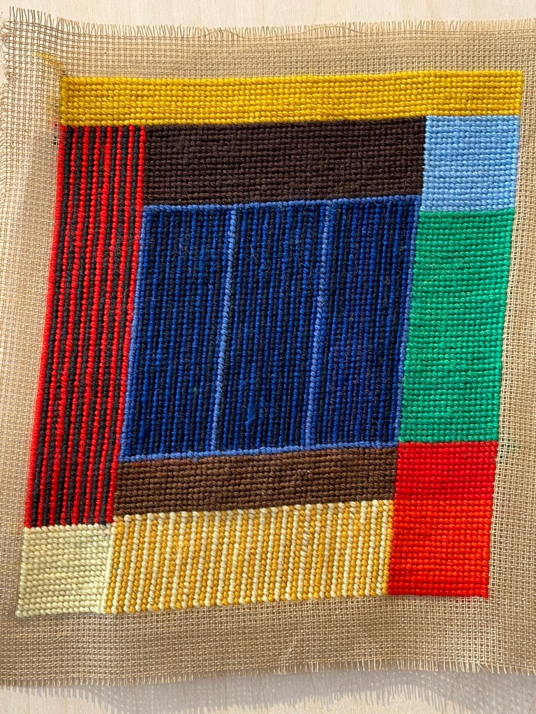 Benedikte Klüver’s new works also explore a geometric formalism but through the traditional technique of needlepoint. 